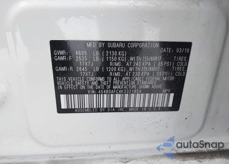 2019 Subaru Outback 2.5I Premium z USA, uszkodzony, nr VIN 4S4BSAFC4K3321854